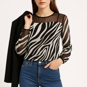 RINASCIMENTO Zebra Animal Print Sheer Long Sleeve Faux Leather Trim Blouse sz S